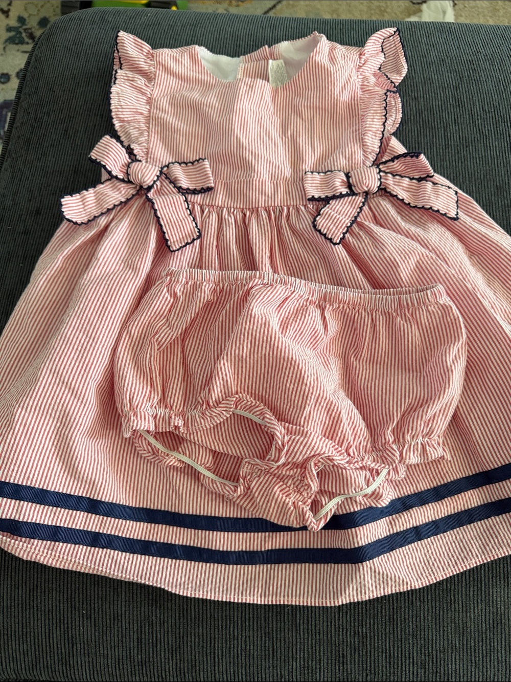 Starting Out Pink Striped Dress with Navy Trim and Bows